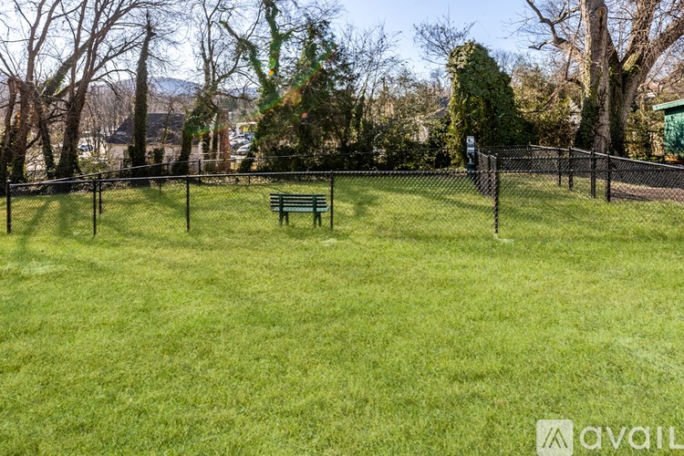 A green park with a bench and a fence.