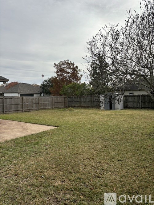 A backyard with a fence and a tree.