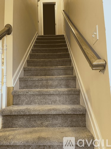 A staircase with a carpeted runner and a wooden handrail.