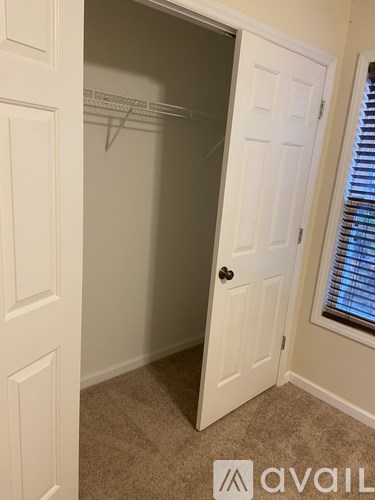 A white closet with a carpeted floor and a window with blinds.