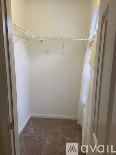 A white closet with a carpeted floor and a white curtain.