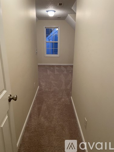 A hallway with a carpeted floor and a door on the left.
