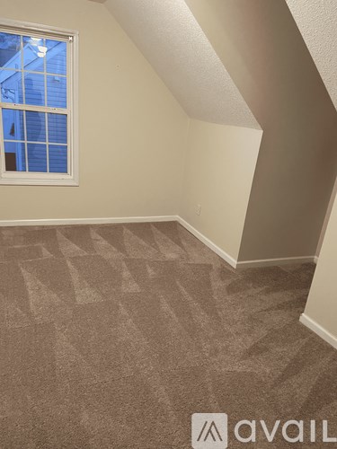 A room with a carpeted floor and a window.