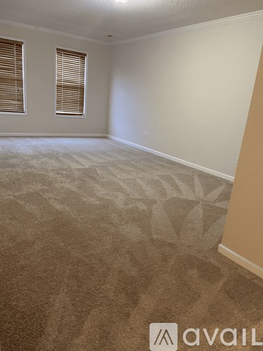 A room with carpeted floor and two windows.