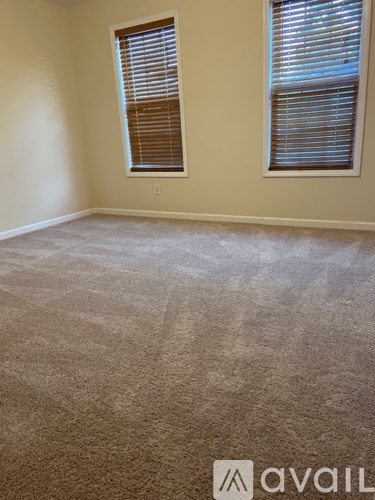 A room with a carpeted floor and two windows with blinds.