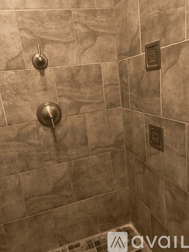 A shower with a silver faucet and a control panel on the wall.
