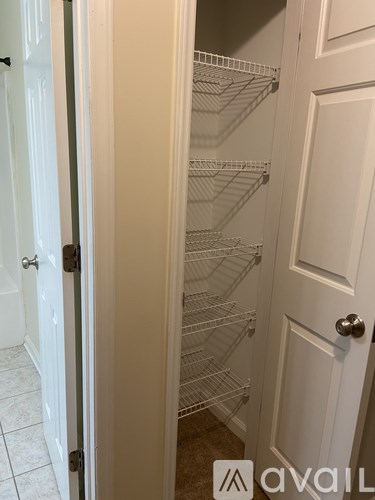 A white door with a set of shelves on the other side.