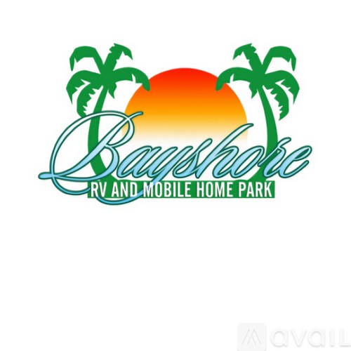 A logo for a RV and Mobile Home Park with palm trees and a sunset.