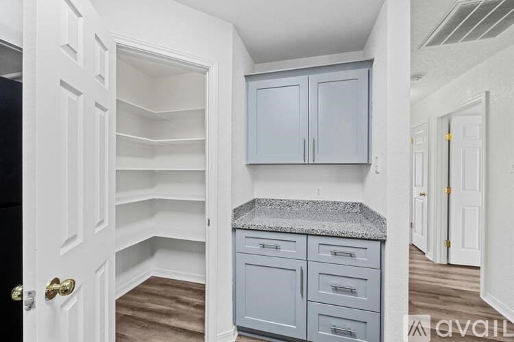 A kitchen with a granite countertop and cabinets.