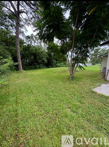 A grassy area with trees and a house in the background.