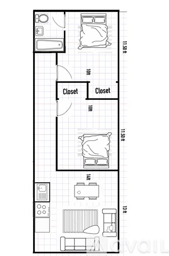 A floor plan of a room with two closets and a kitchen area.