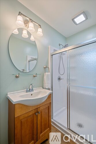 A bathroom with a sink, mirror, and shower.