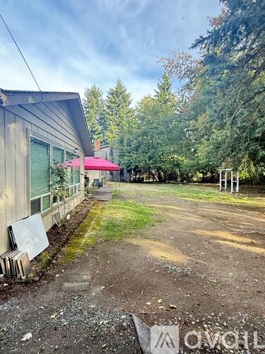 A dirt road leads to a building with a red awning.