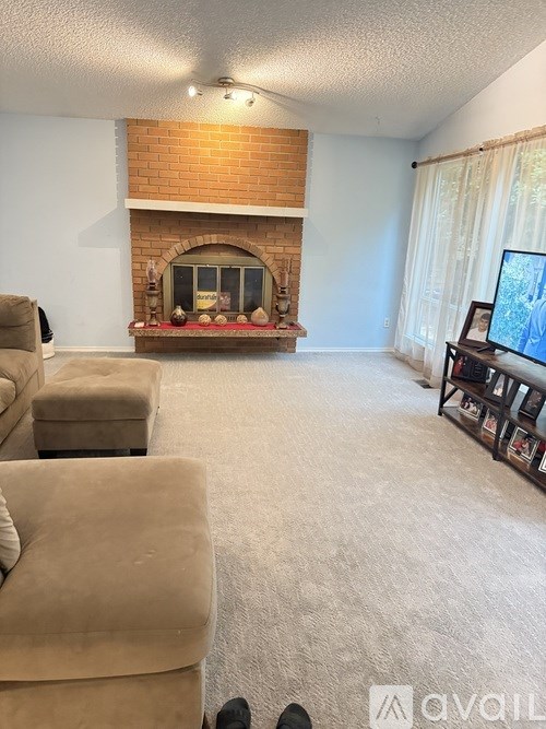 A living room with a fireplace and a couch.