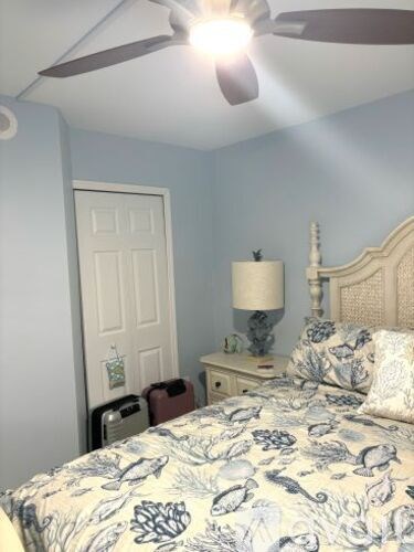 A bedroom with a bed, nightstand, lamp, and ceiling fan.