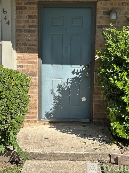 A blue door is flanked by two green bushes.