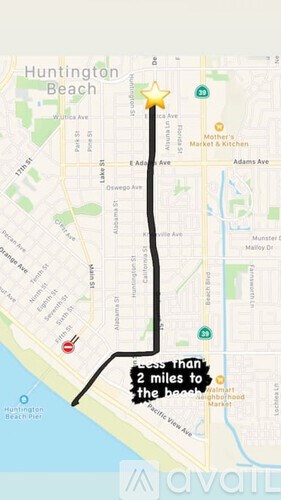 A map with a route from a red pin to a star pin.