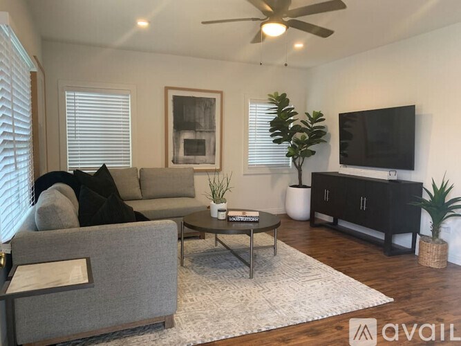 A living room with a grey couch, a coffee table, a television, and a plant.