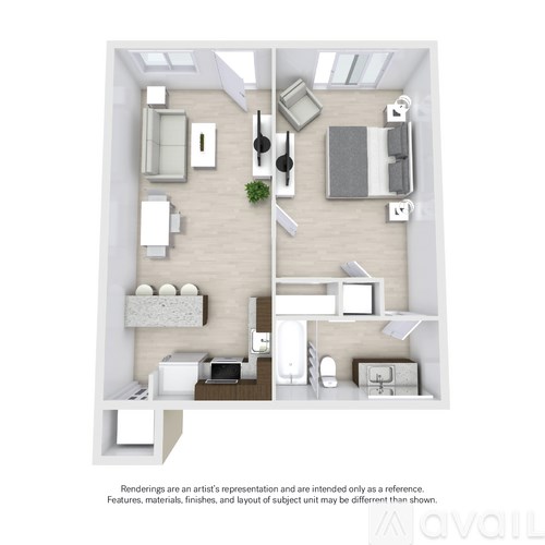 A rendering of a modern, minimalist apartment layout.