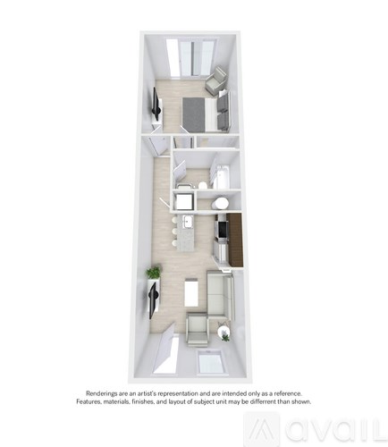 A floor plan of an apartment with a kitchen, living room, and two bedrooms.