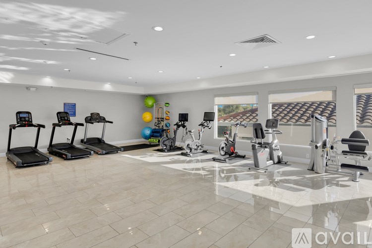A gym with treadmills, exercise bikes, and other equipment.