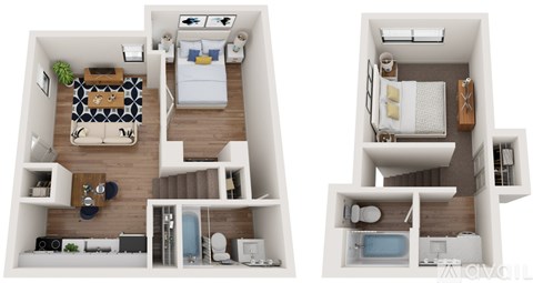 A top-down view of two different apartment layouts.