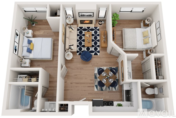 A top-down view of a small apartment layout with a kitchen, living room, and bedroom.