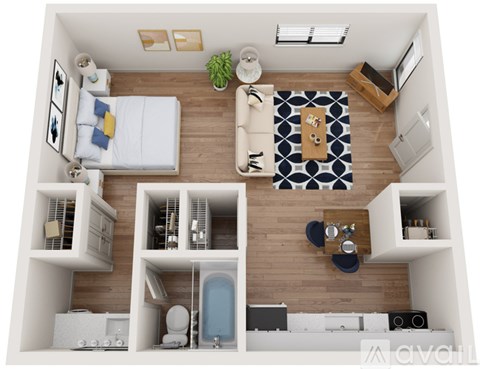 A top down view of a small apartment with a kitchen, living room, and bathroom.