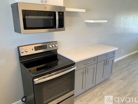 A kitchen with a stainless steel oven and microwave above a counter.