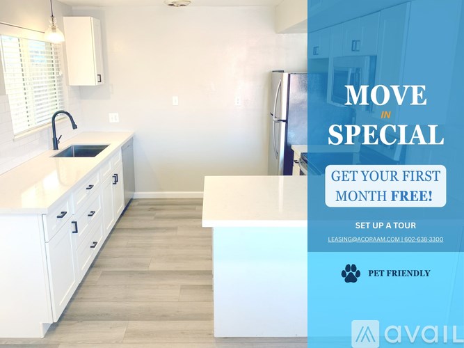 A kitchen with a promotion for a free first month.