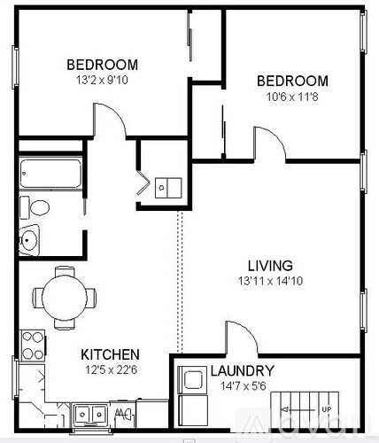 A black and white image of a floor plan for a home with three bedrooms, a living room, a kitchen, and a laundry area.