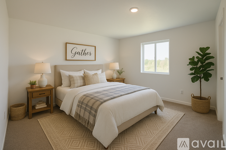 A bedroom with a large bed and a framed word "Gather" on the wall.
