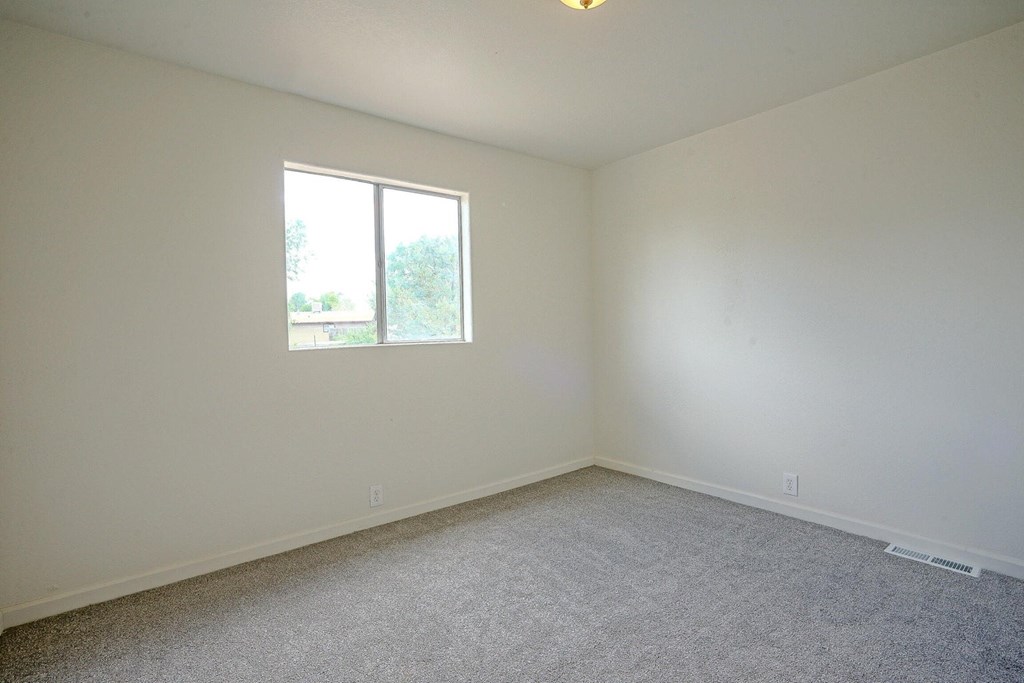 A room with a carpeted floor and a window.