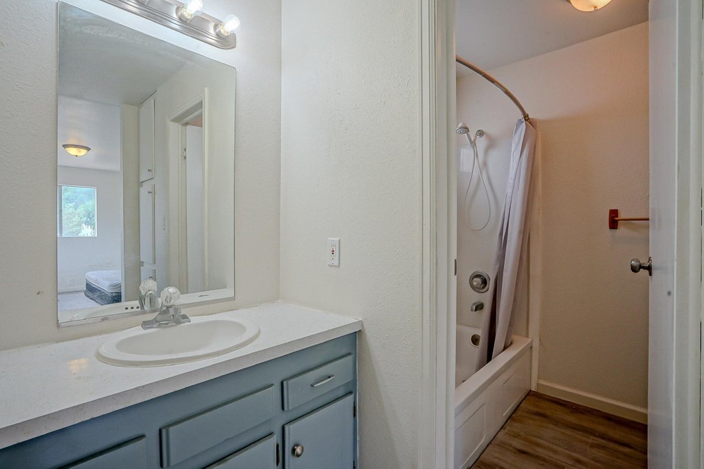 A bathroom with a sink, mirror, and shower.