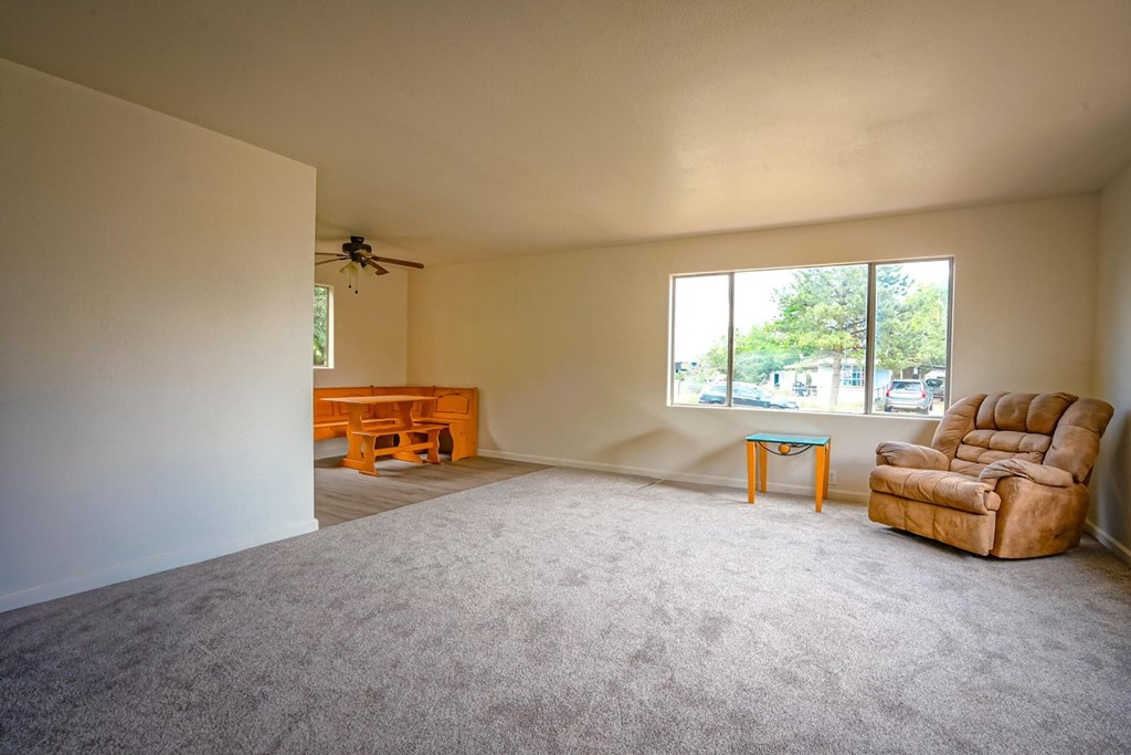A living room with a carpeted floor and a ceiling fan.