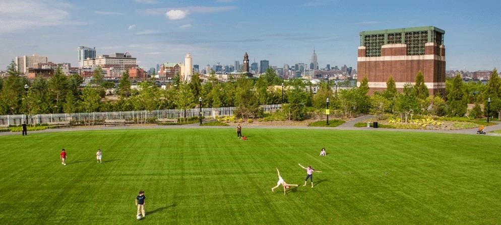 a group of people playing soccer on a green field