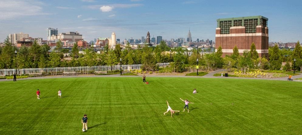 a group of people playing soccer on a green field