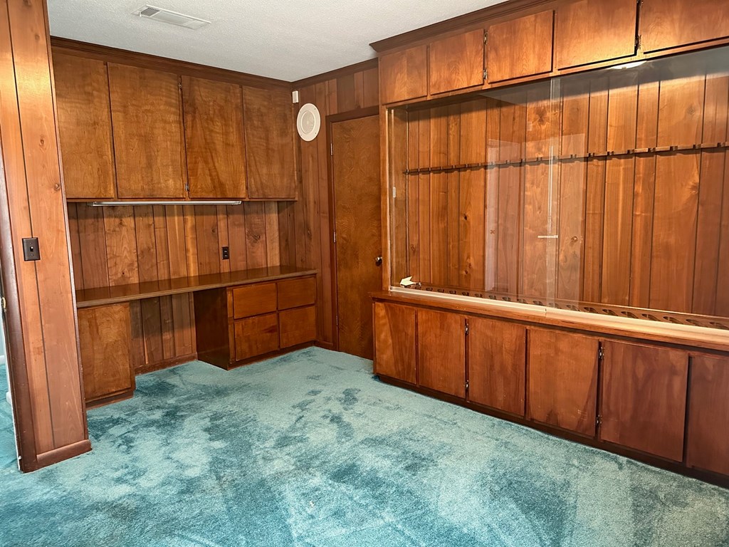 A room with wooden walls and a blue carpet.