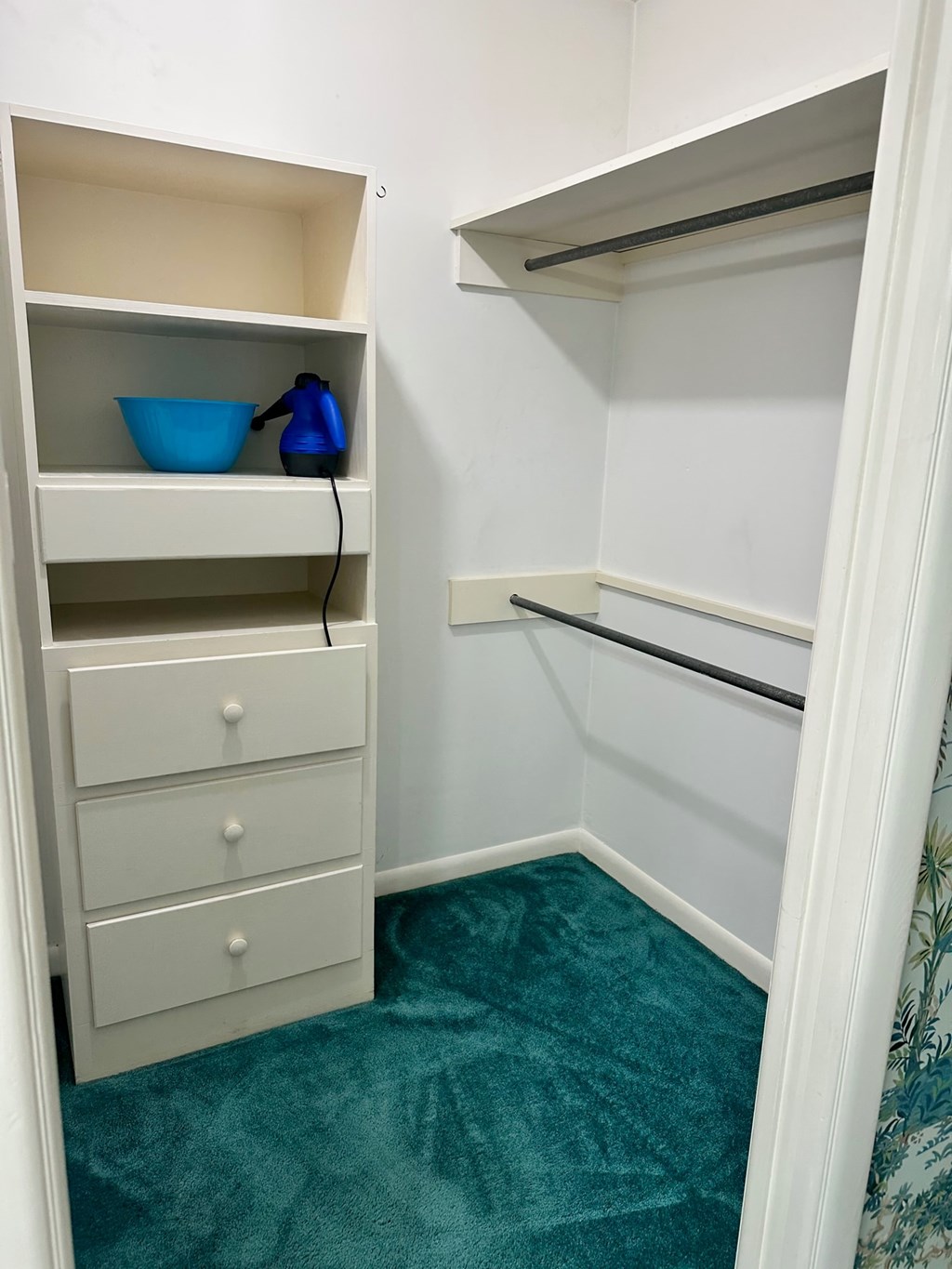 A small white closet with a blue bowl on the shelf.