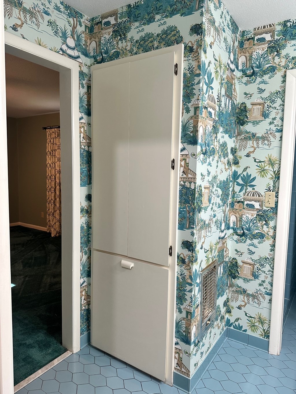 A white door with a handle is open to a room with a blue wallpaper.