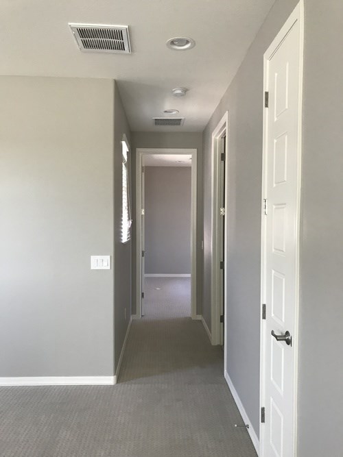 A hallway with a white door on the right and a light switch on the wall.