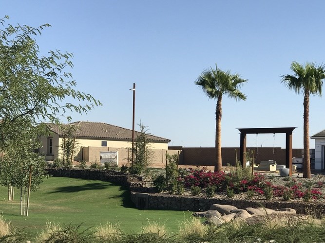A house with a palm tree in front.