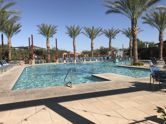 A pool surrounded by palm trees and lounge chairs.