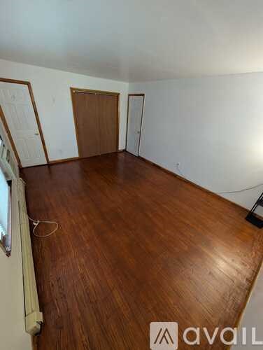A room with wooden flooring and three doors.