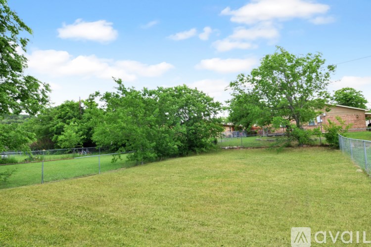 A grassy field with trees and a fence in the background.