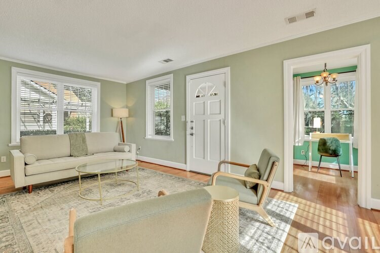 A living room with a couch, chair, and a rug.