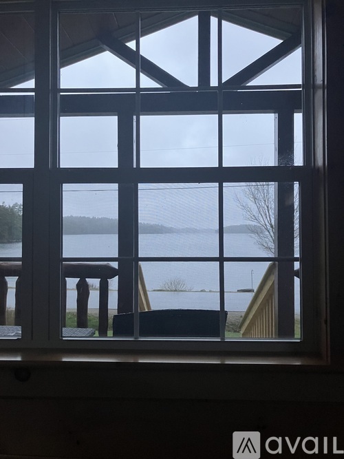 A window with a view of a lake and trees.