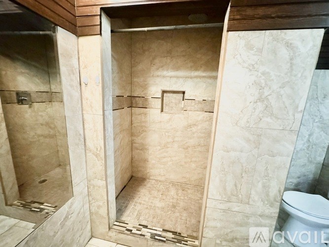 A bathroom with a toilet and a walk-in shower with a tile floor.