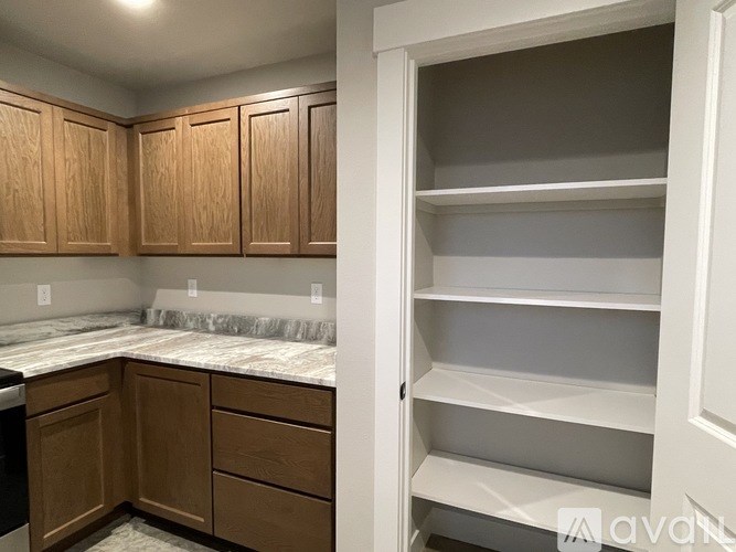 A kitchen with wooden cabinets and a white pantry.