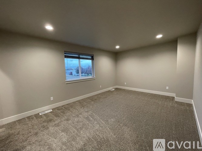 A room with a carpeted floor and a window showing a snowy landscape outside.
